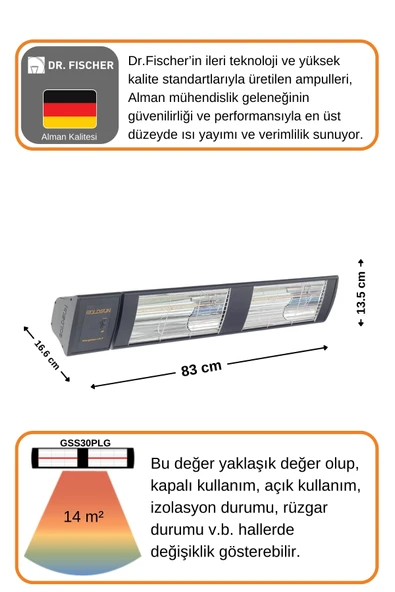 Goldsun Supra Plus 3000 Watt GSS30PLG Düşük Işık Kumandalı Suya Dayanıklı Elektrikli İnfrared Isıtıcı-Siyah - Resim 4