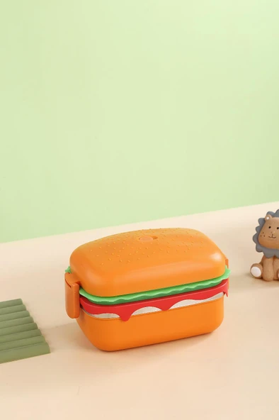 Hamburger Desenli Dikdörtgen Çelik İki Katlı Vakumlu Beslenme Kabı Saklama Kabı