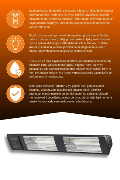 Goldsun Supra Plus 3000 Watt GSS30PLG Düşük Işık Kumandalı Suya Dayanıklı Elektrikli İnfrared Isıtıcı-Siyah - Resim 3