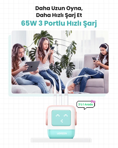 UGREEN Nexode Uno 65W Robot GaN Hızlı Şarj Cihazı 2xUSB-C, 1xUSB-A, Renkli, 35855 - 4