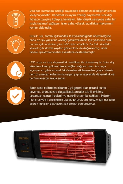 Goldsun Supra Plus 2000 Watt GSS20PLG Düşük Işık Kumandalı Suya Dayanıklı Elektrikli İnfrared Isıtıcı-Siyah - Resim 3