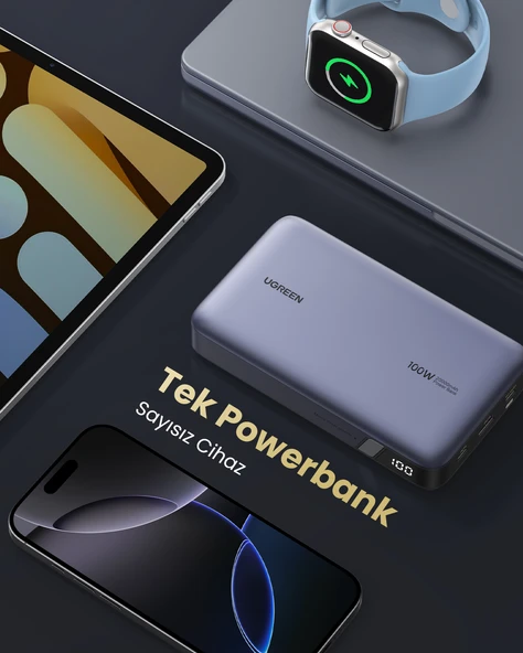 UGREEN 20.000 mAh 100W PD Hızlı Şarj Powerbank 2xUSB-C, 1xUSB-A, 25188 - 8