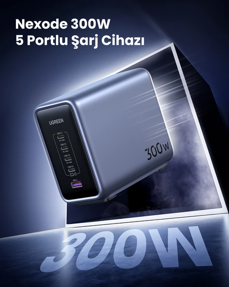 UGREEN Nexode 300W GaN 5 Portlu Hızlı Şarj Cihazı İstasyonu, 4xUSB-C, 1xUSB-A, Gri, 90903B - 3