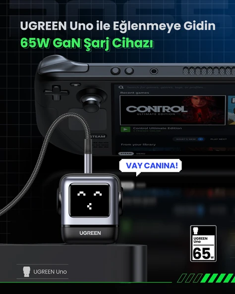 UGREEN Nexode Uno 65W Robot GaN Hızlı Şarj Cihazı 2xUSB-C, 1xUSB-A, Gri, 25685B - 10