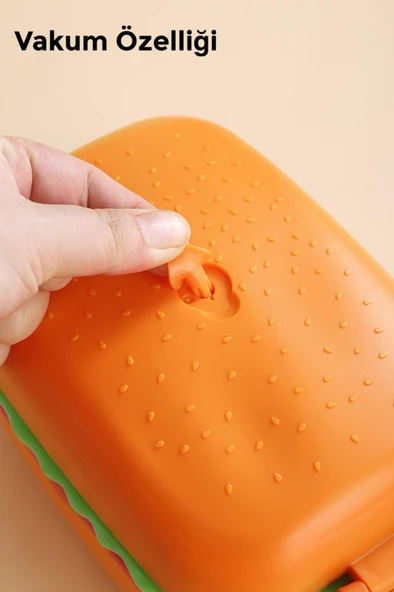 Hamburger Desenli Dikdörtgen Çelik İki Katlı Vakumlu Beslenme Kabı Saklama Kabı - 4