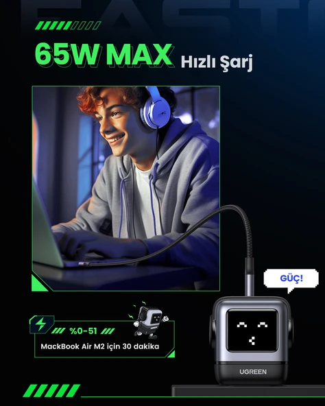 UGREEN Nexode Uno 65W Robot GaN Hızlı Şarj Cihazı 2xUSB-C, 1xUSB-A, Gri, 25685B - 11