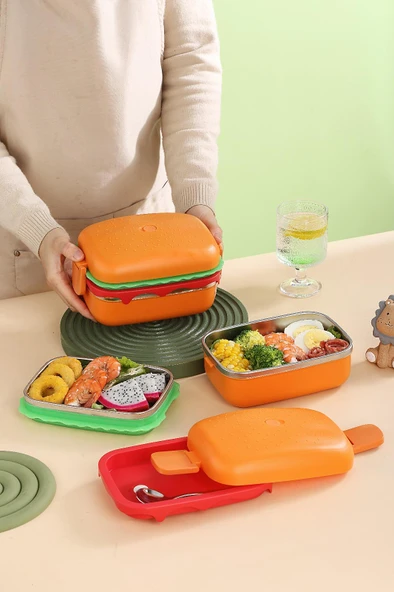 Hamburger Desenli Dikdörtgen Çelik İki Katlı Vakumlu Beslenme Kabı Saklama Kabı - 2