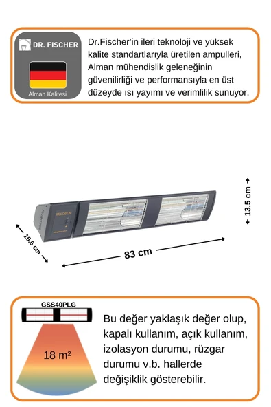 Goldsun Supra Plus 4000 Watt GSS40PLG Düşük Işık Kumandalı Suya Dayanıklı Elektrikli İnfrared Isıtıcı-Siyah - Resim 4
