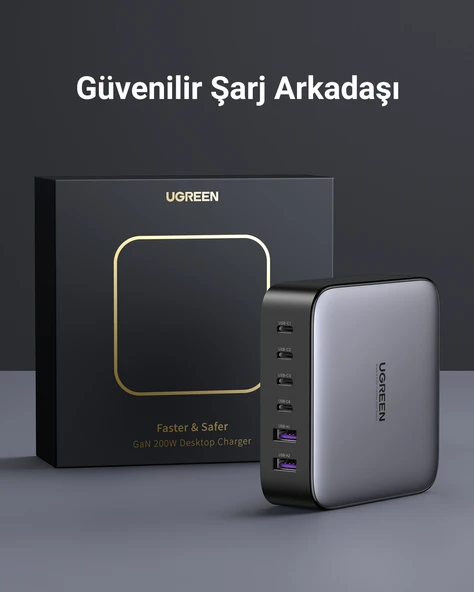 UGREEN Nexode 200W GaN II 6 Portlu Masaüstü Hızlı Şarj Cihazı İstasyonu 4xUSB-C, 2xUSB-A, Gri, 40914 - 7