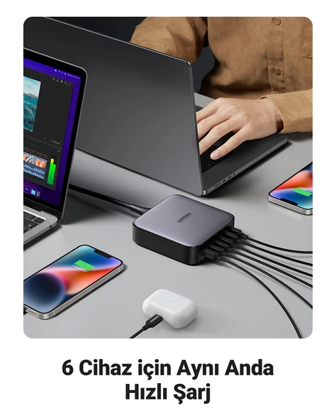 UGREEN Nexode 200W GaN II 6 Portlu Masaüstü Hızlı Şarj Cihazı İstasyonu 4xUSB-C, 2xUSB-A, Gri, 40914 - 4