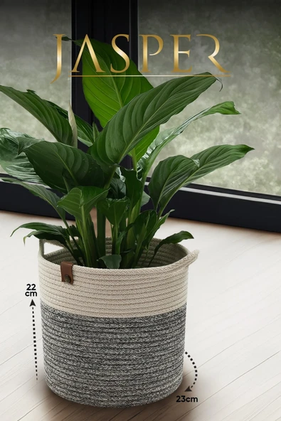 Jasper Jüt İp Gri Çok Amaçlı Dekoratif  Saplı Saksı, Banyo, Havlu Sepet, Düzenleyici 22x23 Cm - Resim 2