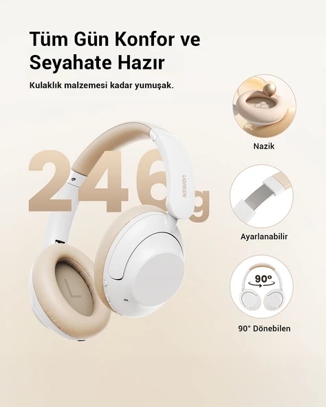 UGREEN HiTune Max5 Hibrit Aktif Gürültü Engelleyici Kablosuz Kulak Üstü Kulaklık, Beyaz, 15809 - 2