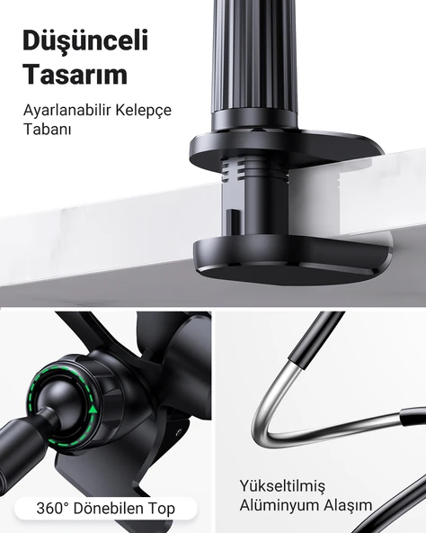 UGREEN Flexible Esnek Yatak Masa Telefon Tutucu, Siyah, 80906 - 3