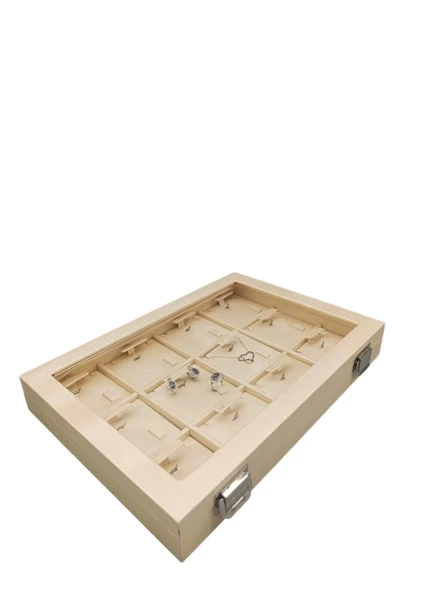 Yeni Cam Kapaklı Imera Deri Kumaş Krem Renk 34 Cm / 24 Cm Üçlü Set Kutusu - Resim 3