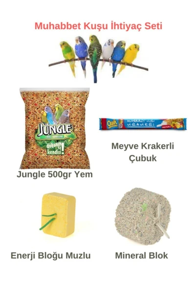 Jungle Muhabbet Kuşu Ihtiyaç Seti Muhabbet Yem+ Guik Meyve Krakeri Enerji Bloğu +mineral Blok) - Resim 2