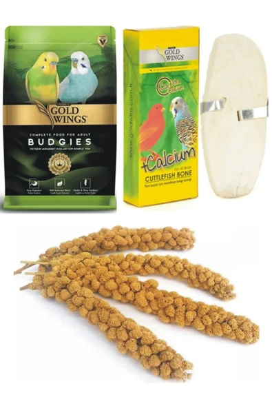 Gold Wings Premium Muhabbet Kuşu Yemi 1 Kg. +kalamar Kemiği + (1 Adet) + Dal Darı (4 Adet) ürün görseli