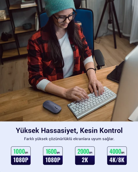 UGREEN 2.4Ghz Sessiz Tuşlu Kablosuz Optik Mouse, Siyah, 90372 - 4