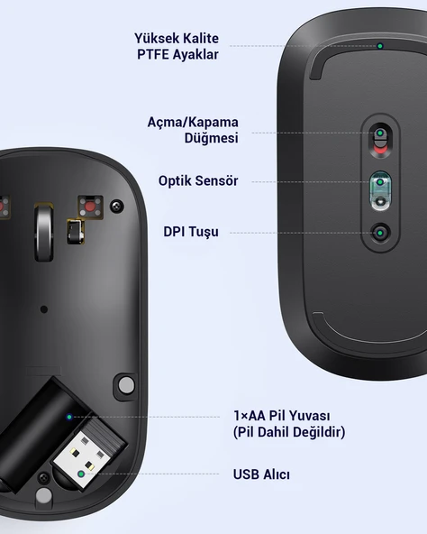 UGREEN 2.4Ghz Sessiz Tuşlu Kablosuz Optik Mouse, Siyah, 90372 - 8