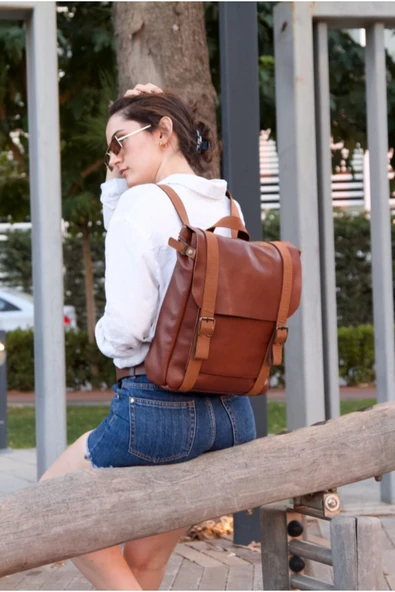 saraci leather craft Kadın Deri Sırt Çantası Taba Hakiki Deri Özel Üretim Tasarım Çanta - 5