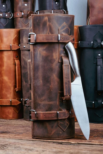 saraci leather craft Deri Şef Bıçak Çantası, Şef Bıçak Seti Çantası , Aşçı Çantası Koyu Taba - 1