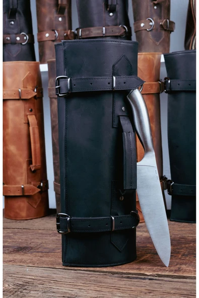 saraci leather craft Deri Şef Bıçak Çantası, Şef Bıçak Seti Çantası , Aşçı Çantası Siyah - 1