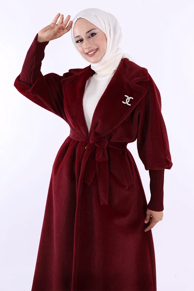 Bel Kuşaklı Yaka Taş Broş Detaylı Uzun Kaban 7923 Bordo - Resim 4