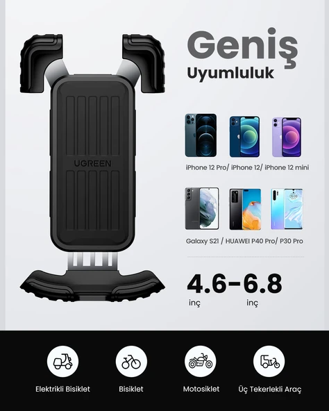 UGREEN Motosiklet ve Bisikletler için 360° Gidon Telefon Tutucu, Siyah, 60548 - 6