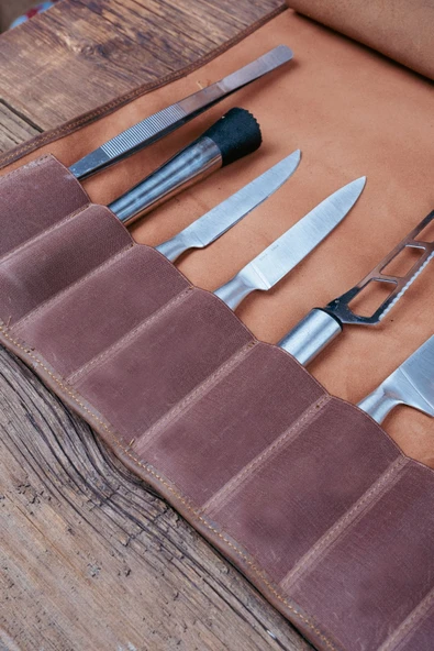 saraci leather craft Deri Şef Bıçak Çantası, Şef Bıçak Seti Çantası , Aşçı Çantası Koyu Taba - 8