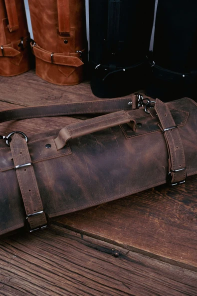 saraci leather craft Deri Şef Bıçak Çantası, Şef Bıçak Seti Çantası , Aşçı Çantası Kahverengi - 3
