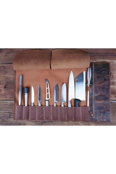 saraci leather craft Deri Şef Bıçak Çantası, Şef Bıçak Seti Çantası , Aşçı Çantası Koyu Taba - 6