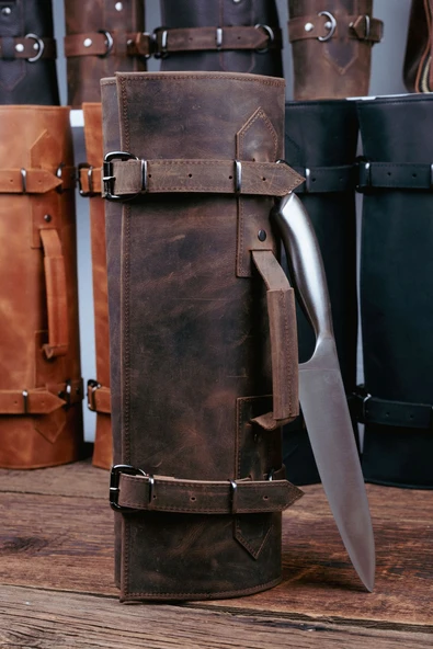 saraci leather craft Deri Şef Bıçak Çantası, Şef Bıçak Seti Çantası , Aşçı Çantası Kahverengi - 1