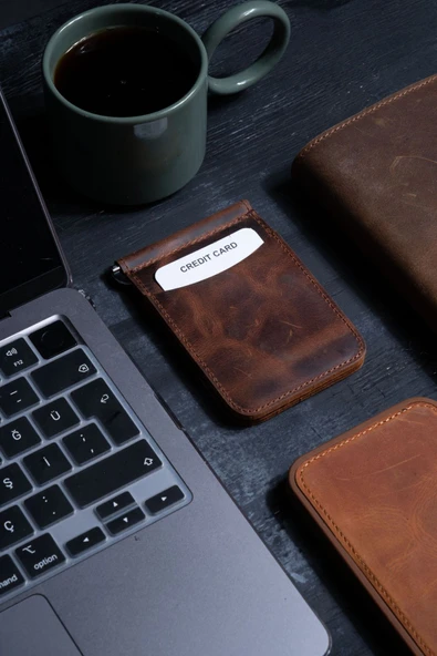 saraci leather craft Hakiki Deri Slim Kartlık ve Cüzdan, Para Klips Detaylı - 1