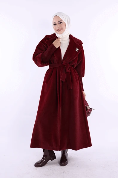 Bel Kuşaklı Yaka Taş Broş Detaylı Uzun Kaban 7923 Bordo ürün görseli 1