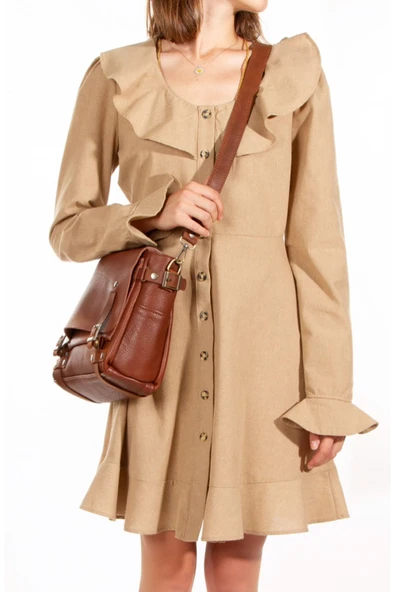 saraci leather craft Şık Ve Fonksiyonel Fransız Tarzı Deri Omuz Çantası – El Yapımı Hakiki Deri Taba - 4