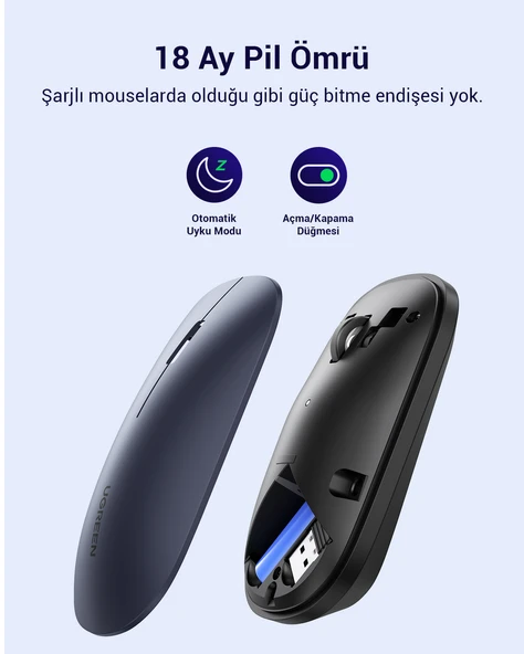 UGREEN 2.4Ghz Sessiz Tuşlu Kablosuz Optik Mouse, Siyah, 90372 - 5