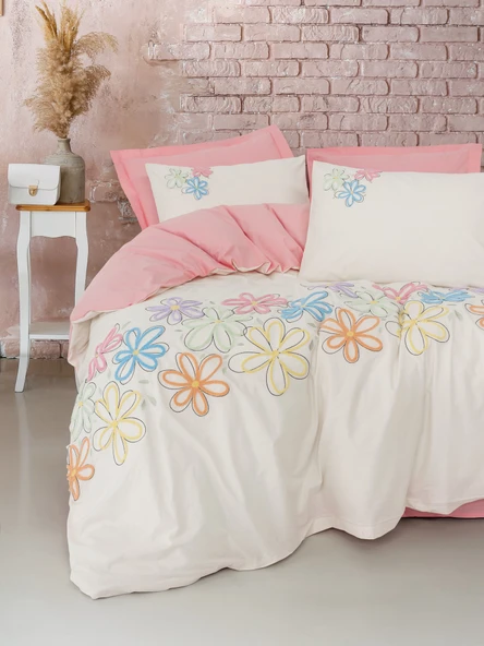 Cotton Box Puff Nakışlı Çift Kişilik Nevresim Takımı Bellis Pembe ürün görseli 1