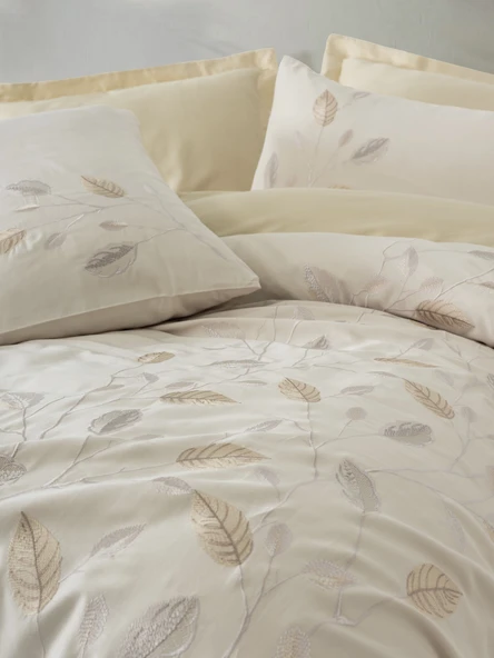 Cotton Box Nakışlı Saten Çift Kişilik Nevresim Takımı Blade Bej - Resim 3
