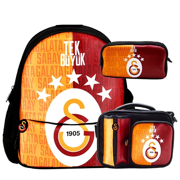 Galatasaray 2 Bölmeli 5 Yıldızlı Tek Büyük Suni Deri Anaokulu+Beslenme Çantası + Kalemlik