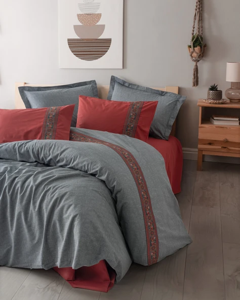 Cotton Box Folk Art Çift Kişilik Nevresim Takımı Felina Bordo ürün görseli 1