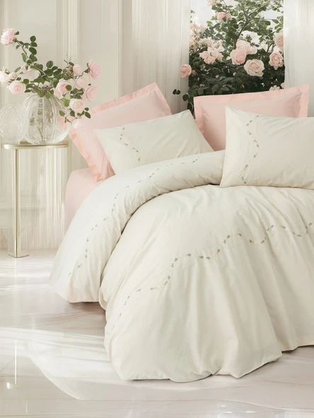 Cotton Box Nakışlı Ranforce Çift Kişilik Nevresim Takımı Orya Somon ürün görseli 1