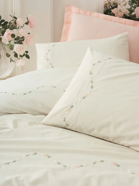 Cotton Box Nakışlı Ranforce Çift Kişilik Nevresim Takımı Orya Somon - Resim 2