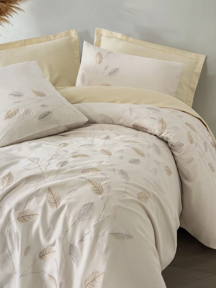Cotton Box Nakışlı Saten Çift Kişilik Nevresim Takımı Blade Bej - Resim 2