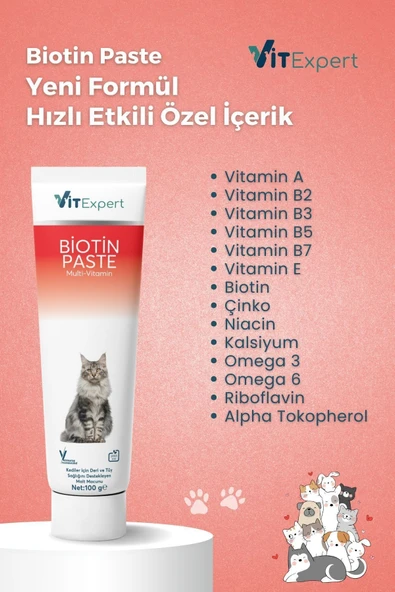 Vitexpert Kediler Için Biotin Paste Tüy Dökülme Engelleyici Döküm Önleyici Tüy Sağlığı Malt Macunu 100 gr - 6