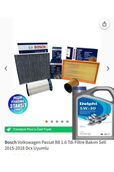 Bosch Volkswagen Passat B8 1.6 uyumlu Tdı Filtre Bakım Seti 2015-2018 Dcx +DELPHİ 5LT 5W-30 2025 ürün görseli