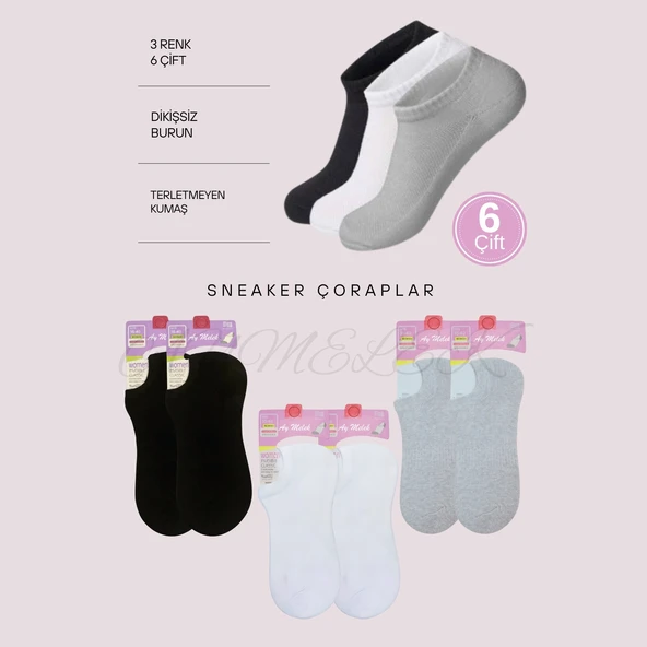 AYMELEK Erkek Kısa Çorap 6 Çift Pamuklu Penye Likralı Sneakers Görünmez Çorap - 2