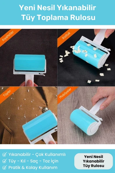 Vitexpert Yeni Nesil Yıkanabilir Tüy Kıl Toz Toplayıcı Rulo Yapışkanlı Kedi ve Köpek Tüyü Toplama Rulosu