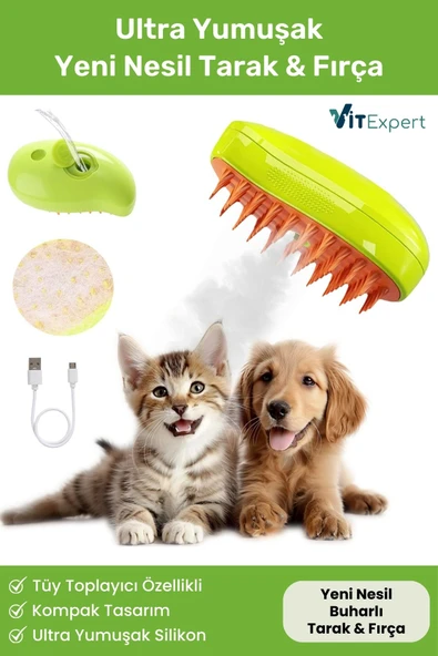 Vitexpert Yeni Nesil Şarjlı Buharlı Kedi & Köpek Tarağı Ultra Yumuşak Silikon Tüy Toplayıcı Yıkama Fırçası