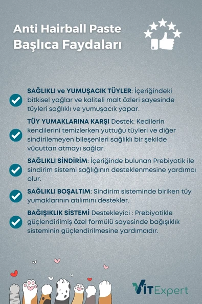 Vitexpert Anti Hairball Tüy Yumağı Önleyici Ve Sindirim Destekleyici Tüm Kediler Için Malt Paste Macun 100 gr - 4