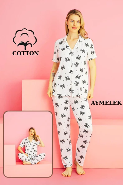 AYMELEK Kadın Pijama Takımı %100 Pamuklu Gömlek ve Pijama Seti - 5