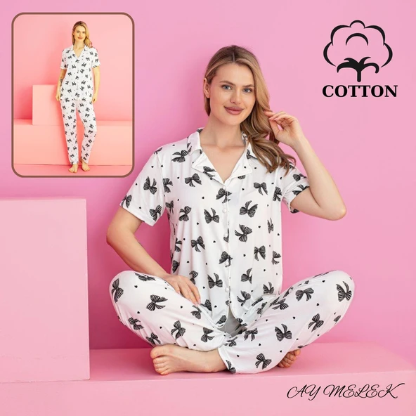 AYMELEK Kadın Pijama Takımı %100 Pamuklu Gömlek ve Pijama Seti - 2